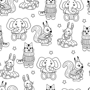 Seamless pattern with toy animals, coloring page
