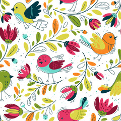 Flock of funny birds and flower - Seamless pattern. Vector Loop pattern for fabric, textile, wallpaper, posters, gift wrapping paper, napkins, tablecloths. Print for kids, children. Children's pattern