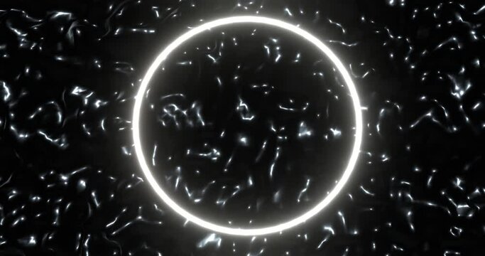 Circular portal in dark abstract energetic substance. White glowing 3d render ring on black surface with reflections charged particles. Opening star gate to parallel dimension and another galaxy