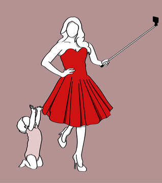 Illustration of a Mother Taking a Selfi While Her Child asking for attention- self-obsessed and social media critic 
