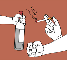 Three hand illustration representing 3 bad habits which are alcohol consumption, tobacco use and violence.