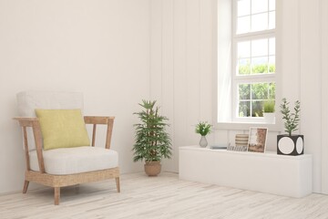 White living room with armchair. Scandinavian interior design. 3D illustration