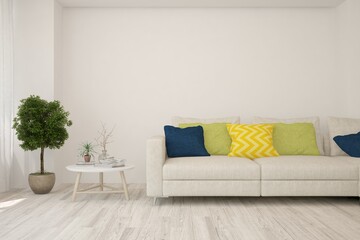 White living room with sofa. Scandinavian interior design. 3D illustration