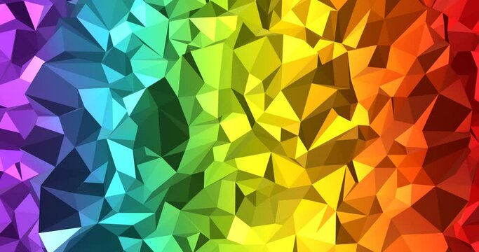Polygonal crystals with rainbow gradient. Sunbow geometric 3d polygons render and trendy iridescent colors. Colorful wavy abstract mountains with triangular tracery.