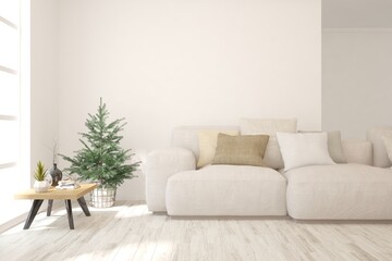 Soft color living room with sofa. Scandinavian interior design. 3D illustration