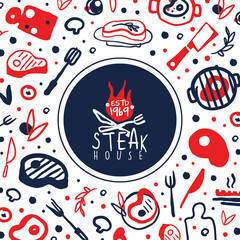 Steak House Banner Template with Meat Products Seamless Pattern Vector Illustration