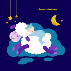 The baby sleeps on a sheep. Flat style illustration.