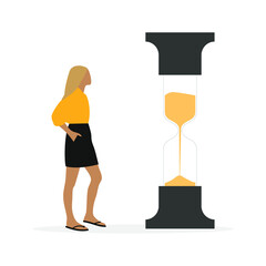 Female character looking at a huge hourglass on a white background