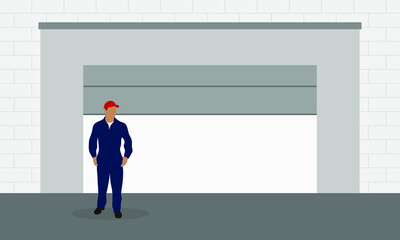 Male character in work overalls stands near an automatic gate