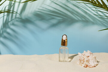 Cosmetic body care product for skin essential oil , summer beach with palm leaves and shadows