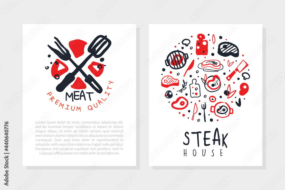 Sticker Steak House Menu Templates Set, Meat Premium Quality Banner, Flyer, Invitation Card Design Vector Illustration