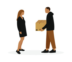 Female character and male character with cardboard box in hands stand together on white background