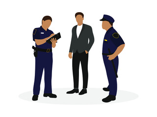Two police officers in uniform and male character in business clothes together on a white background