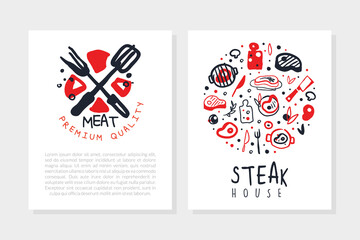 Steak House Menu Templates Set, Meat Premium Quality Banner, Flyer, Invitation Card Design Vector Illustration