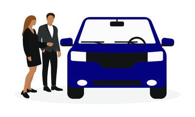 Female character showing car to male character on white background