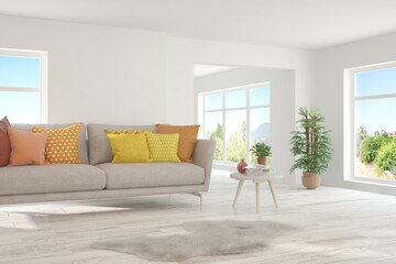 White living room with sofa and summer landscape in window. Scandinavian interior design. 3D illustration