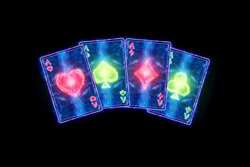 Neon playing cards for poker, four aces on a dark background. Design template. Casino concept, gambling, header for the site. Copy space, 3D illustration, 3D render.