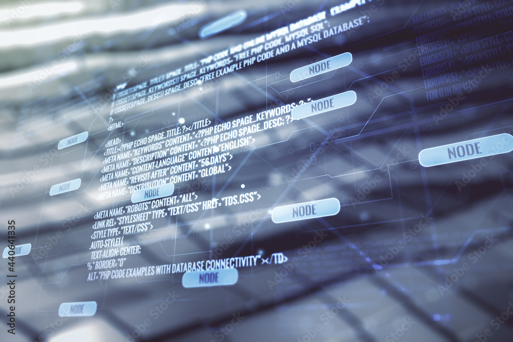 Poster multi exposure of abstract graphic coding sketch on abstract metal background, big data and networki