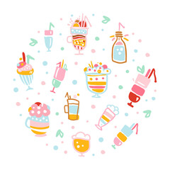 Delicious Milkshakes and Smoothies Banner with Tasty Desserts Seamless Pattern of Round Shape Vector Illustration