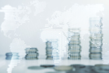 Obraz premium Double exposure of abstract digital world map on growing stacks of coins background, research and strategy concept