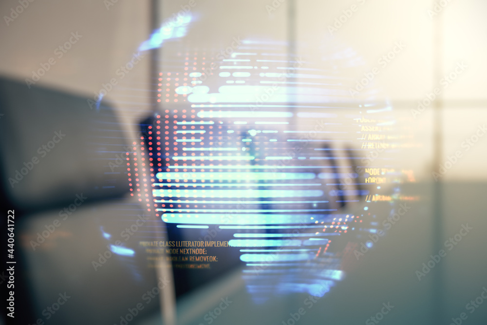 Poster multi exposure of abstract creative coding sketch and world map on a modern conference room backgrou