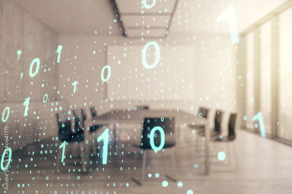 Poster abstract virtual binary code sketch on a modern boardroom background, hacking and matrix concept. mu