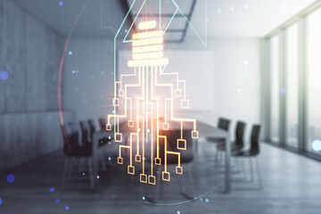Double exposure of virtual creative light bulb hologram with chip on a modern meeting room background, idea and brainstorming concept