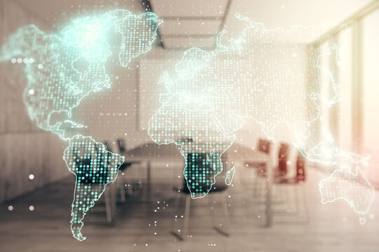 Multi exposure of abstract creative digital world map hologram on a modern meeting room background, research and analytics concept