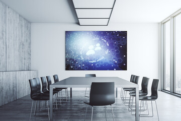 Creative abstract people icons hologram on tv display in a modern presentation room, life and health insurance concept. 3D Rendering