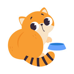 Cute Red Kitten Eating from Bowl, Adorable Funny Pet Baby Animal Cartoon Vector Illustration