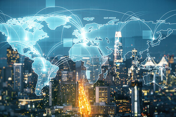 Abstract graphic digital world map hologram with connections on San Francisco cityscape background, globalization concept. Multiexposure