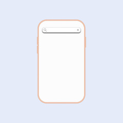 Mock-up of smartphone on the blue background with search bar. Vector illustration of isolated phone, front view. Concept of searching in the internet with phone. Blank search bar on phone screen.