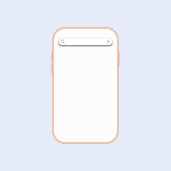 Mock-up of smartphone on the blue background with search bar. Vector illustration of isolated phone, front view. Concept of searching in the internet with phone. Blank search bar on phone screen.