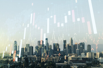 Abstract creative financial graph and world map on Los Angeles cityscape background, financial and trading concept. Multiexposure