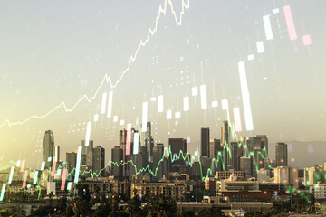 Fototapeta na wymiar Multi exposure of abstract virtual financial graph hologram on Los Angeles skyline background, forex and investment concept