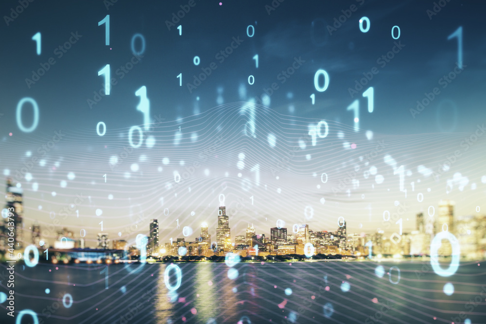 Poster abstract virtual binary code illustration on chicago skyline background. big data and coding concept