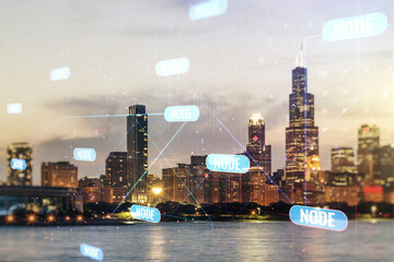 Naklejka premium Multi exposure of abstract creative coding sketch on Chicago city skyline background, artificial intelligence and neural networks concept