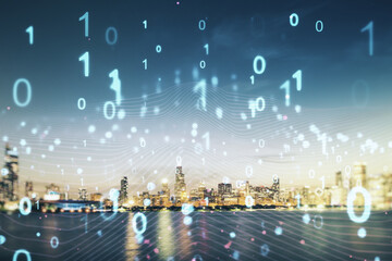 Abstract virtual binary code illustration on Chicago skyline background. Big data and coding concept. Multiexposure