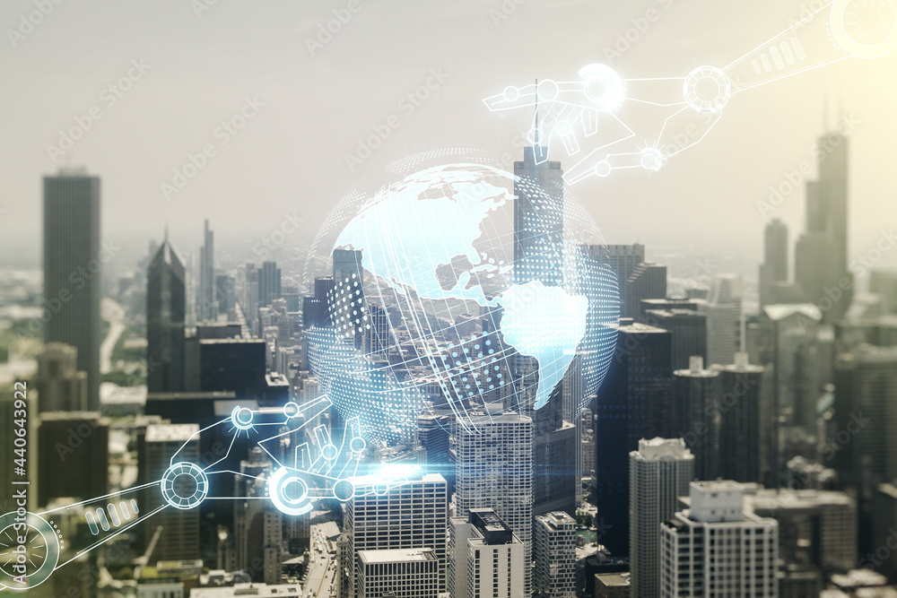 Aufkleber abstract virtual robotics technology sketch with globe on chicago office buildings background, futur