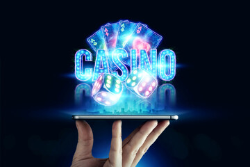 In a man's hand a smartphone with playing cards roulette and chips, black-neon background. Concept of online gambling, online casino. Copy space.3D illustration, 3D render