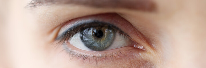 Womans eye with permanent eyelid and eyebrow makeup closeup - obrazy, fototapety, plakaty