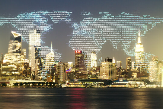 Abstract creative world map interface on New York city skyline background, international trading concept. Multiexposure