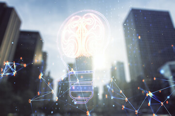 Obraz premium Abstract virtual creative light bulb with human brain hologram on blurry cityscape background, artificial Intelligence and neural networks concept. Multiexposure