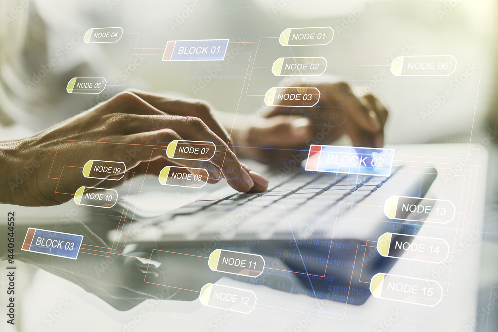 Poster double exposure of abstract creative programming illustration and hands typing on laptop on backgrou