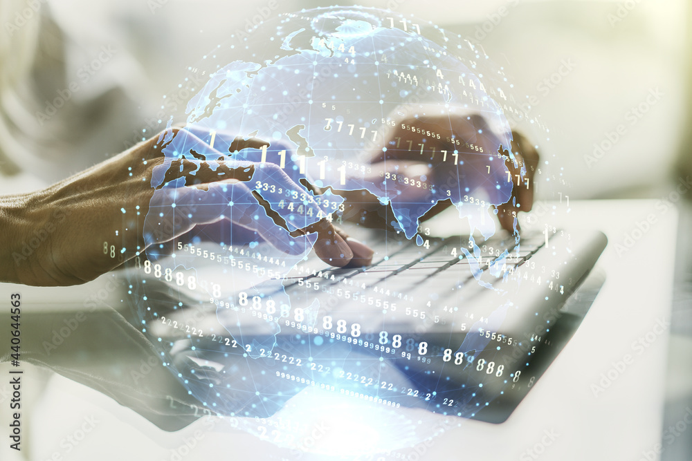 Poster double exposure of abstract programming language hologram with world map and hands typing on laptop 
