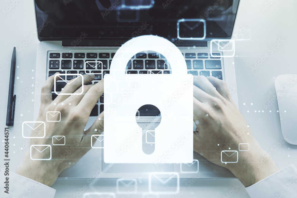 Poster creative lock sketch with email symbols hologram and hands typing on computer keyboard on background