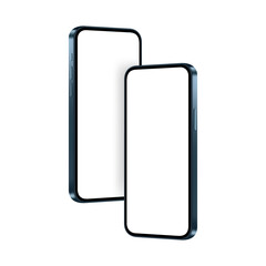 Phones Dark Blue Mockups, Isolated on White Background, Side View. Vector Illustration