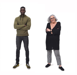 full portrait of caucasian senior woman and african man on white background