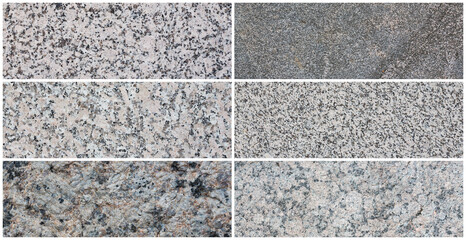Granite texture set. Collection of panoramic stone backgrounds. Natural granite with a grainy pattern. Wide panoramas with flat solid rough surface of rock.