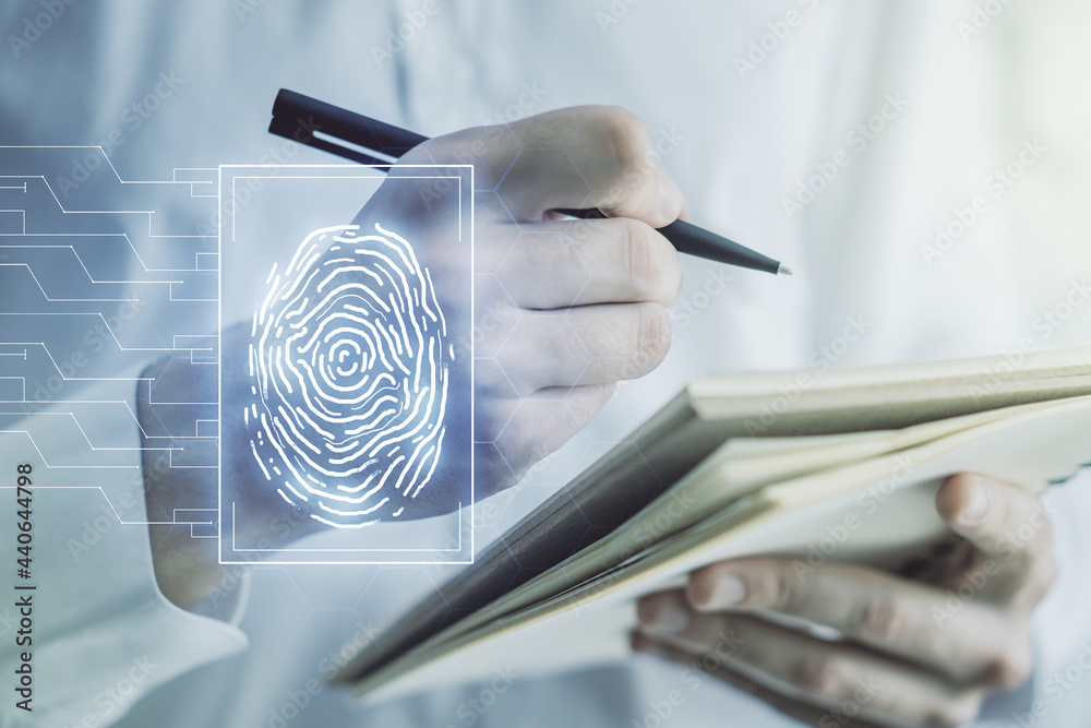 Poster abstract creative fingerprint concept with man hand writing in notebook on background. multiexposure